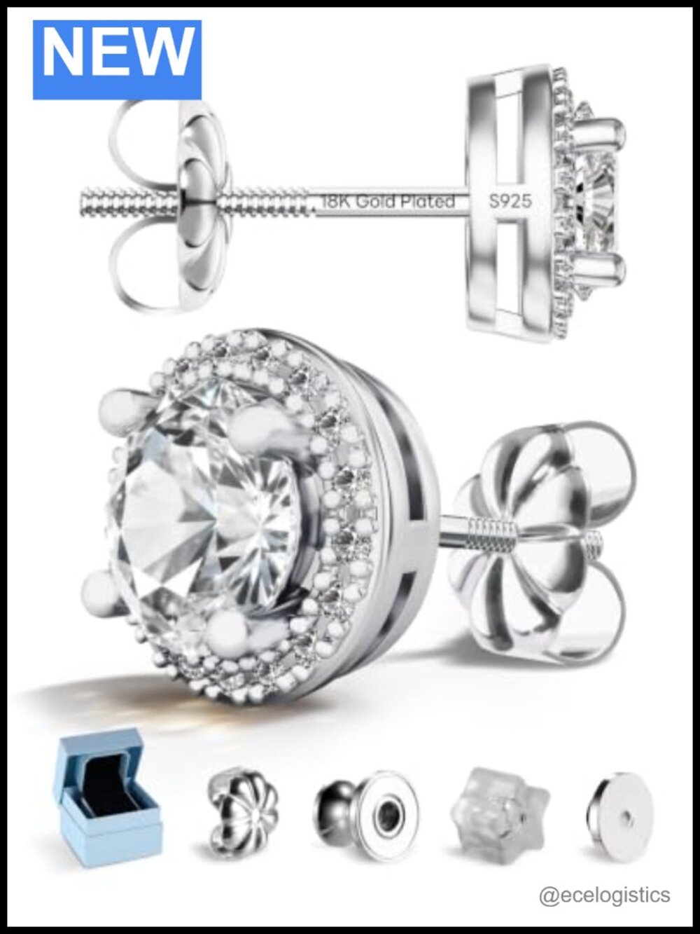 925 Sterling Silver Moissanite Halo Square Stud Earrings Screw Back Men